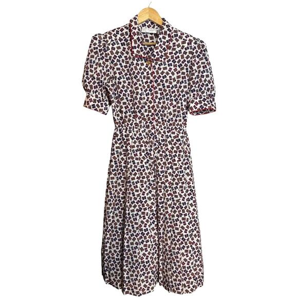 Vintage Dresses & Skirts - Vintage 80s Geometric Print Midi Dress Collared Structured Secretary Womens 10